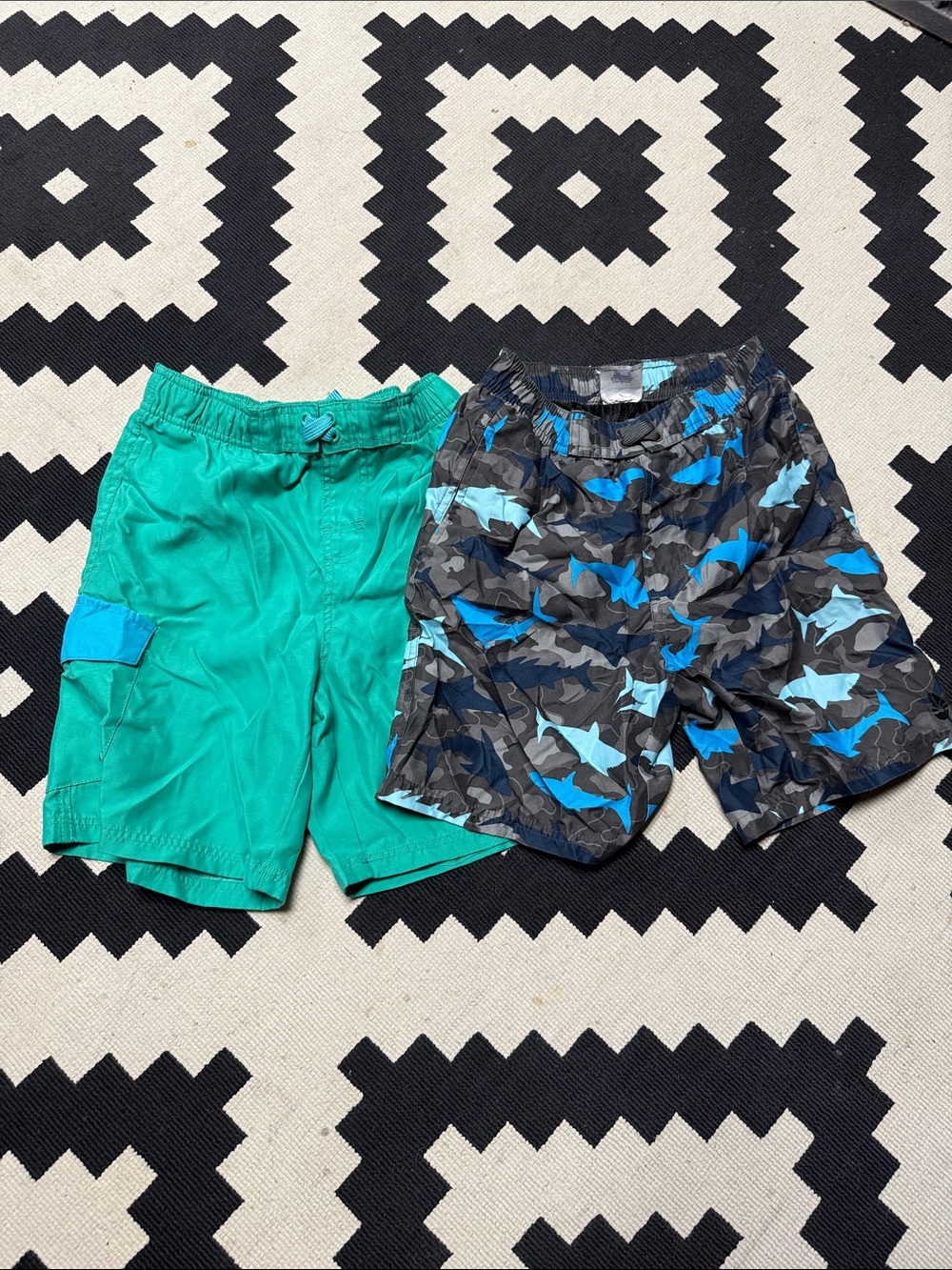 Kids Green Cargo Shorts & Blue Shark Print Swim Trunks - Set
